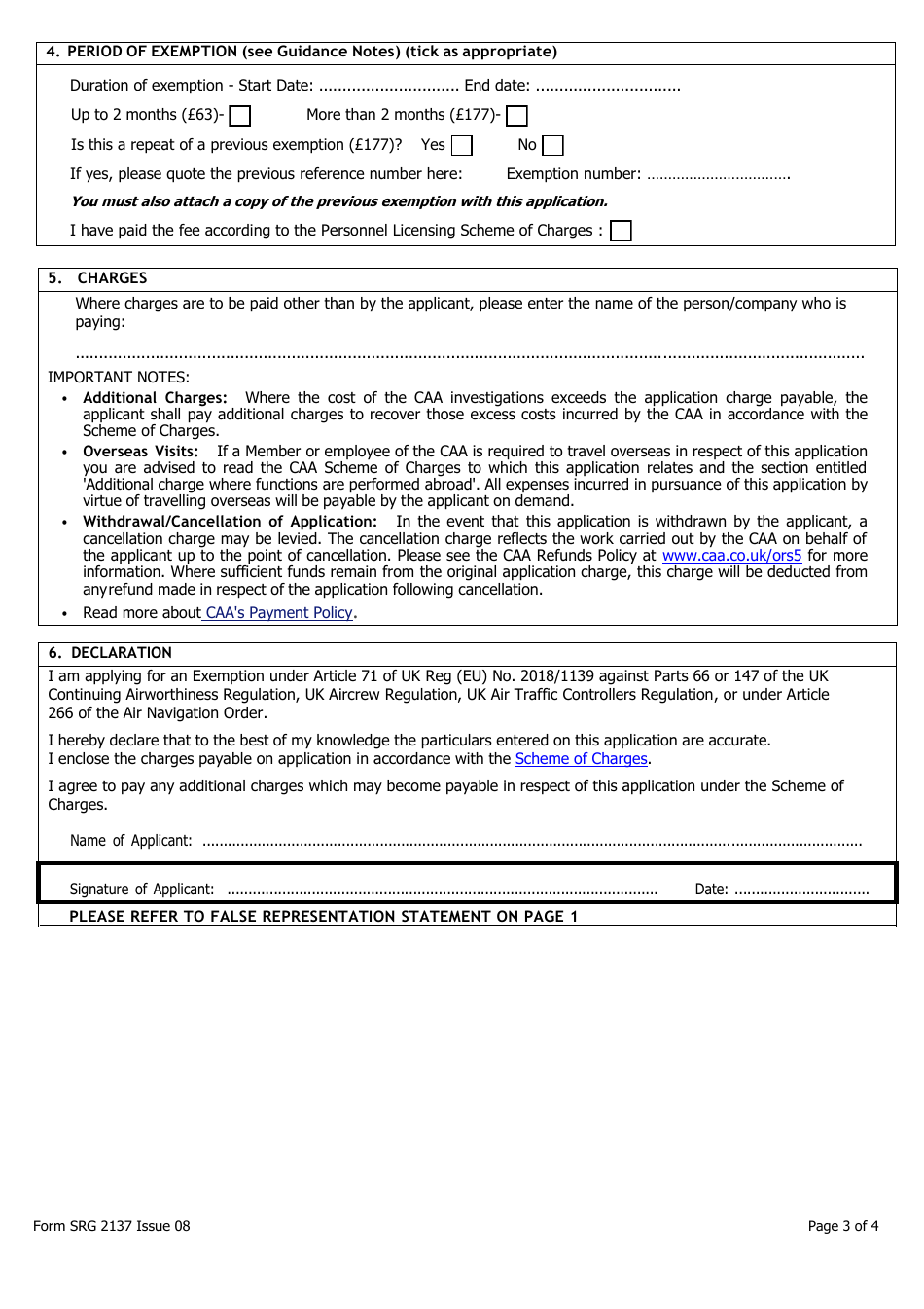 Form SRG2137 Application for Exemption Under Article 71 of UK Reg (Eu) No. 2018 / 1139 Against Parts 66 or 147 of the UK Continuing Airworthiness Regulation, UK Aircrew Regulation, UK Air Traffic Controllers Regulation or Under Article 266 of the Air Navigation Order - United Kingdom, Page 3