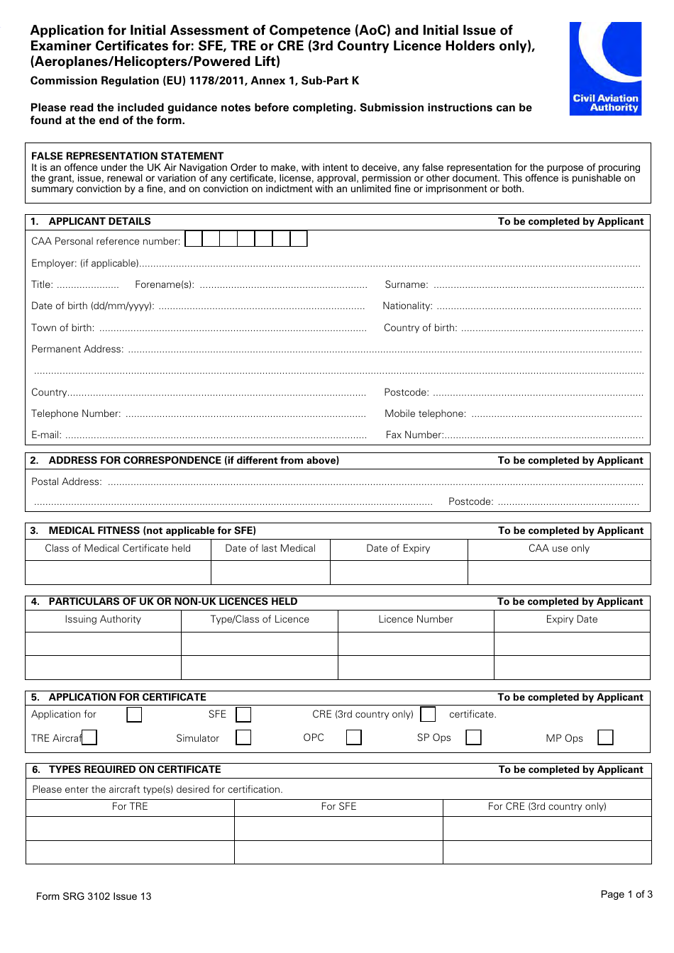 Form SRG3102 Application for Initial Assessment of Competence (Aoc) and Initial Issue of Examiner Certificates for: Sfe, Tre or Cre (3rd Country Licence Holders Only), (Aeroplanes / Helicopters / Powered Lift) - United Kingdom, Page 1