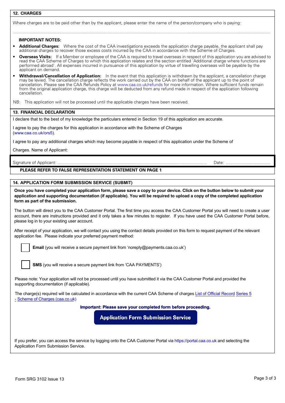 Form SRG3102 Application for Initial Assessment of Competence (Aoc) and Initial Issue of Examiner Certificates for: Sfe, Tre or Cre (3rd Country Licence Holders Only), (Aeroplanes / Helicopters / Powered Lift) - United Kingdom, Page 3