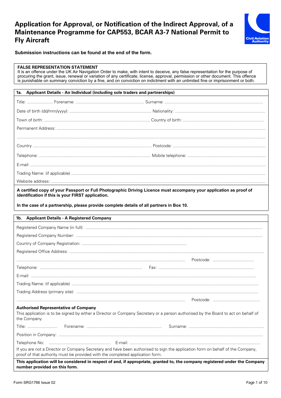 Form SRG1766 Application for Approval or Notification of the Indirect Approval, of a Maintenance Programme for Cap553, Bcar A3-7 National Permit to Fly Aircraft - United Kingdom, Page 1
