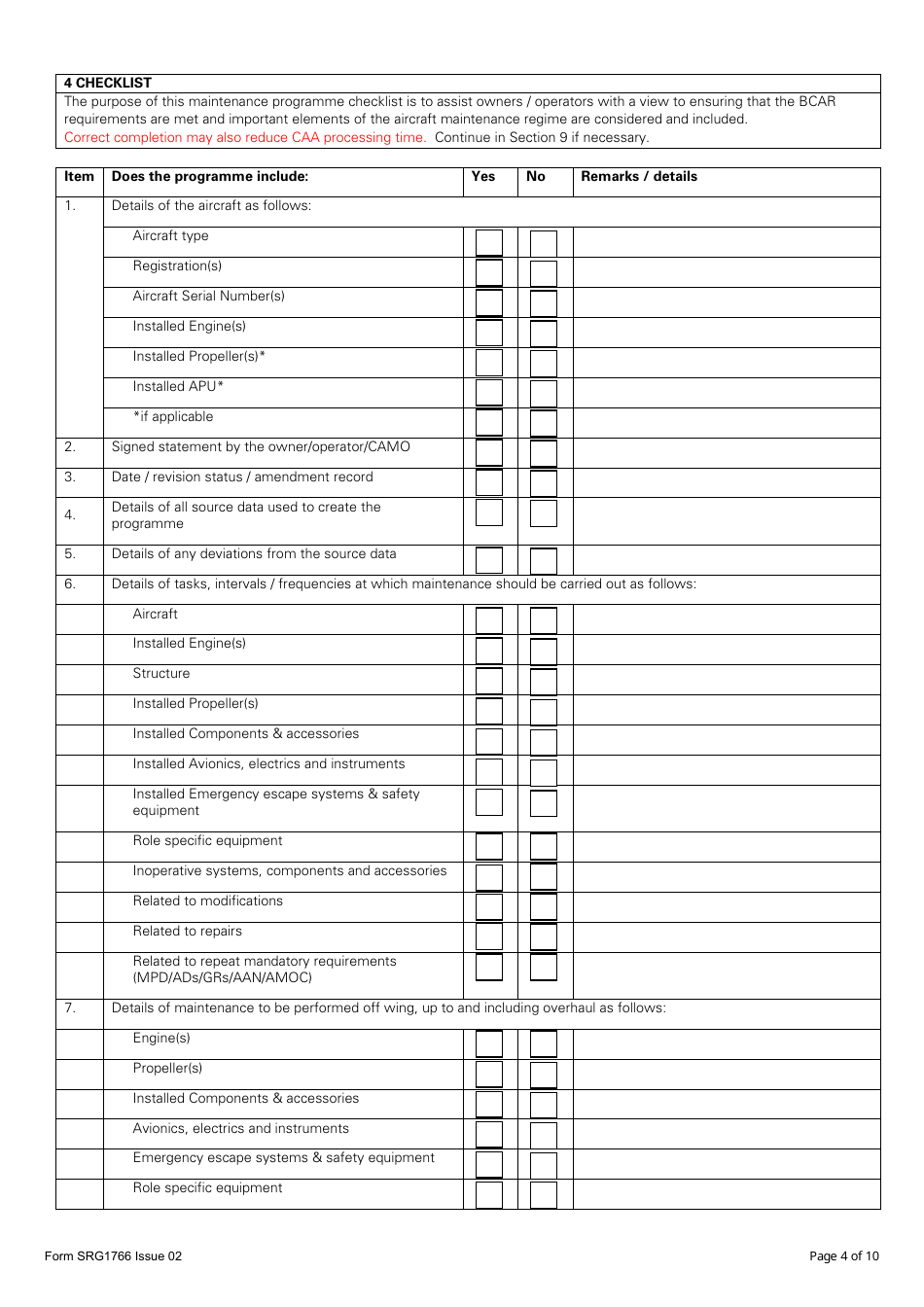 Form SRG1766 Application for Approval or Notification of the Indirect Approval, of a Maintenance Programme for Cap553, Bcar A3-7 National Permit to Fly Aircraft - United Kingdom, Page 4