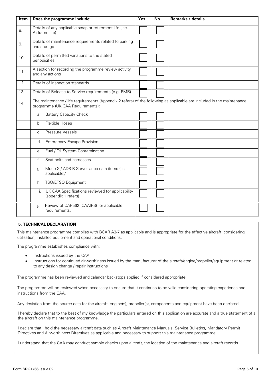 Form SRG1766 Application for Approval or Notification of the Indirect Approval, of a Maintenance Programme for Cap553, Bcar A3-7 National Permit to Fly Aircraft - United Kingdom, Page 5