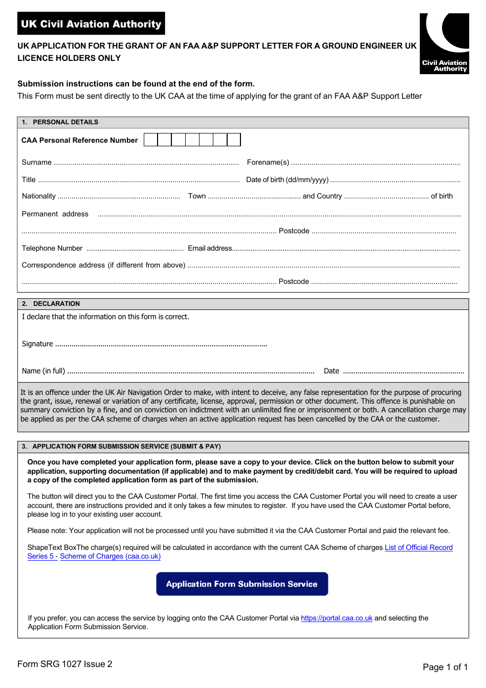 Form SRG1027 UK Application for the Grant of an FAA ap Support Letter for a Ground Engineer UK Licence Holders Only - United Kingdom, Page 1