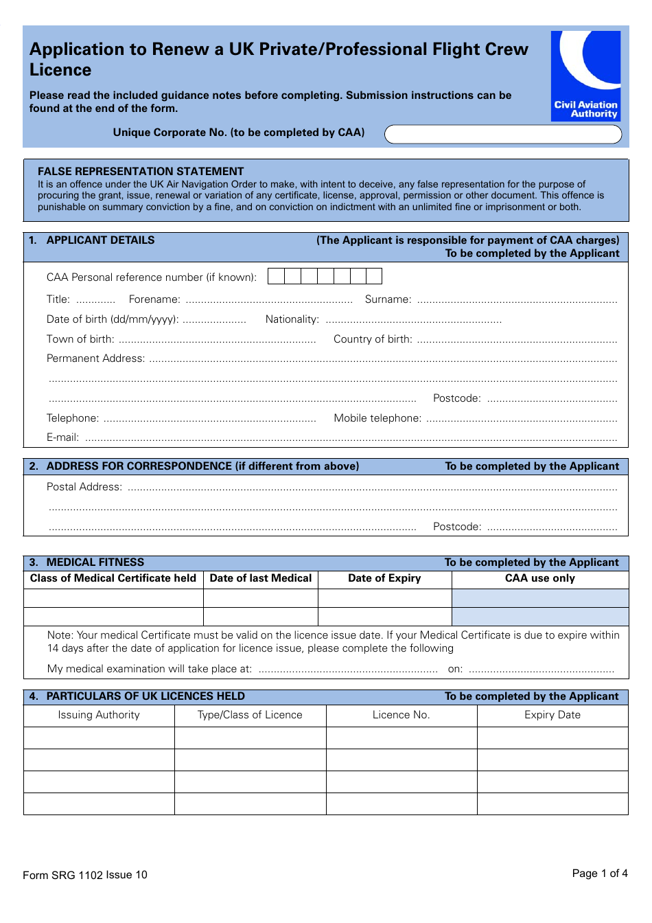 Form SRG1102 Application to Renew a UK Private / Professional Flight Crew Licence - United Kingdom, Page 1