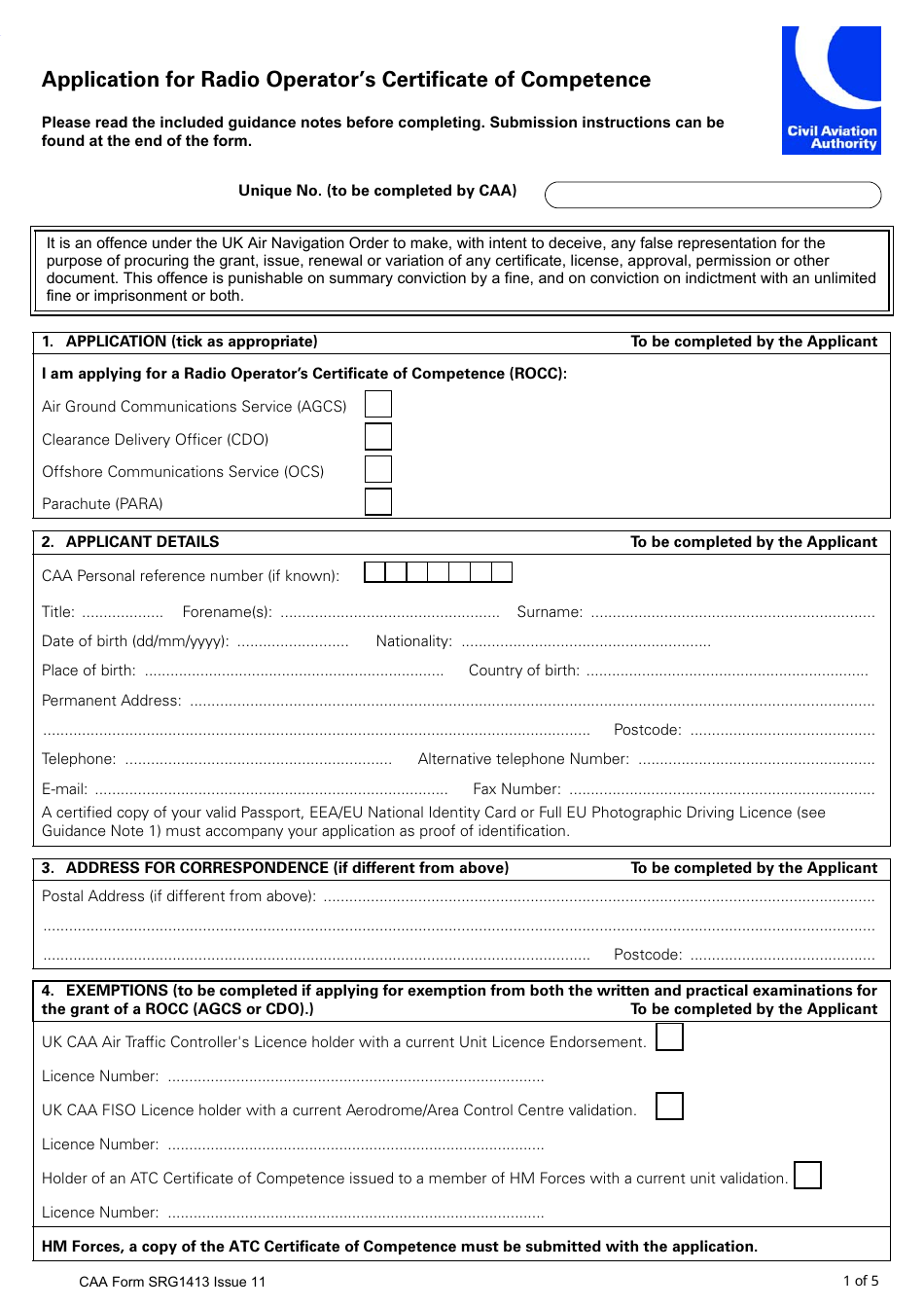 CAA Form SRG1413 Application for Radio Operators Certificate of Competence - United Kingdom, Page 1