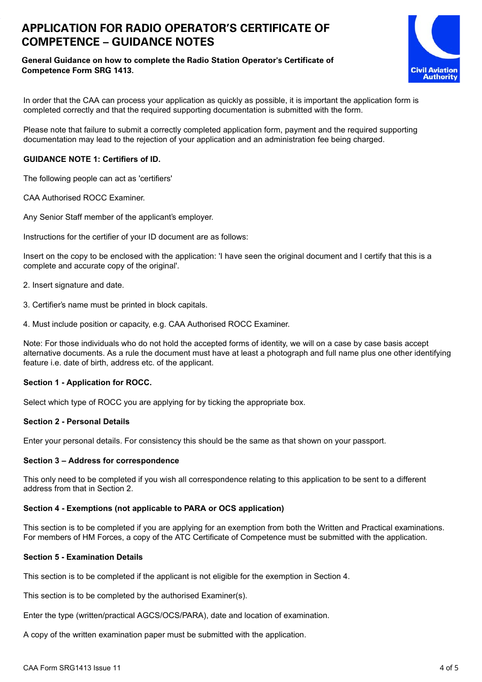 CAA Form SRG1413 Application for Radio Operators Certificate of Competence - United Kingdom, Page 4