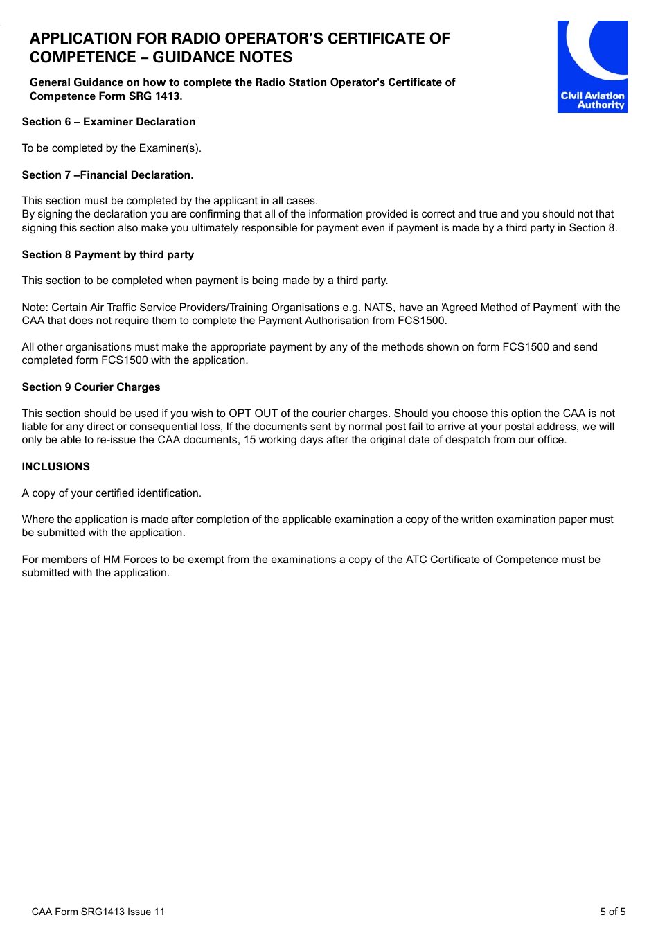 CAA Form SRG1413 Application for Radio Operators Certificate of Competence - United Kingdom, Page 5