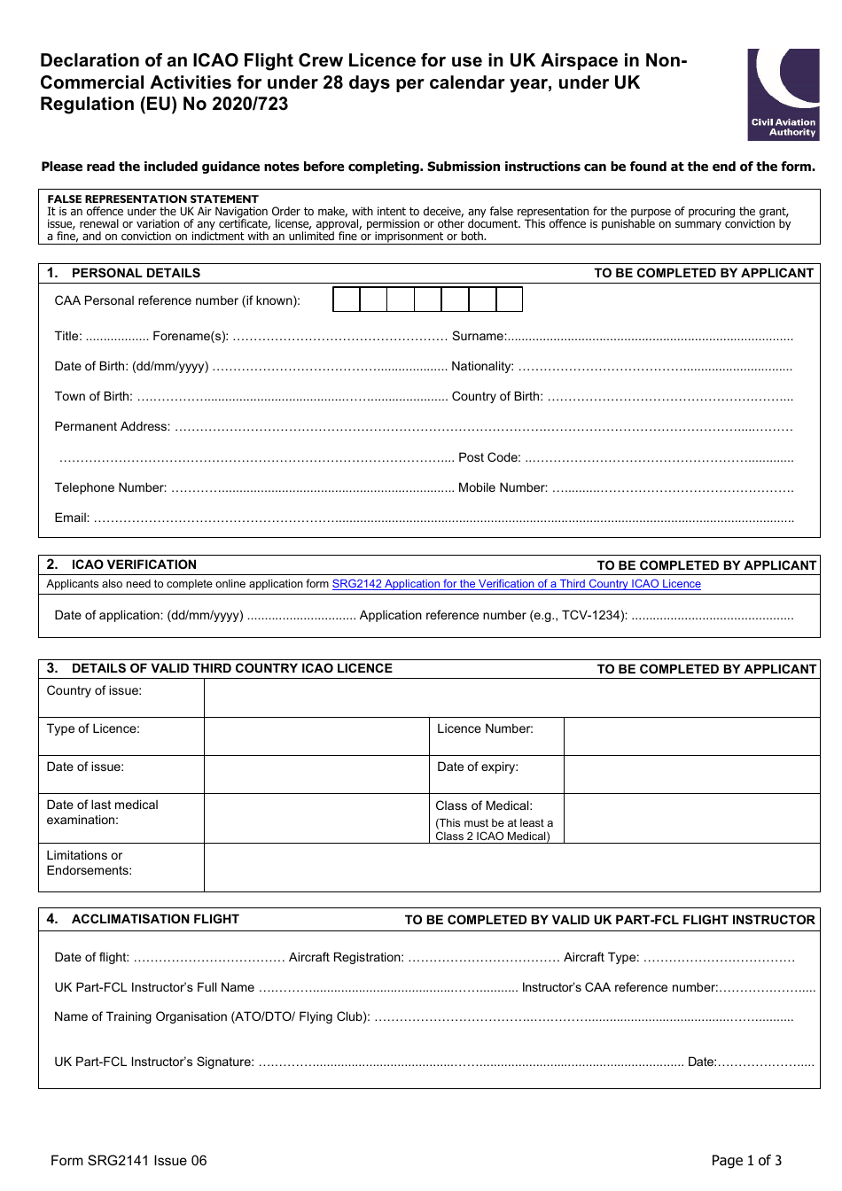 Form SRG2141 Declaration of an Icao Flight Crew Licence for Use in UK Airspace in Non-commercial Activities for Under 28 Days Per Calendar Year, Under UK Regulation (Eu) No 2020 / 723 - United Kingdom, Page 1