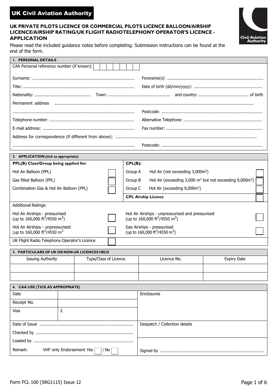 Form FCL100 (SRG1115) UK Private Pilots Licence or Commercial Pilots Licence Balloon / Airship Licence / Airship Rating / UK Flight Radiotelephony Operators Licence - Application - United Kingdom, Page 1