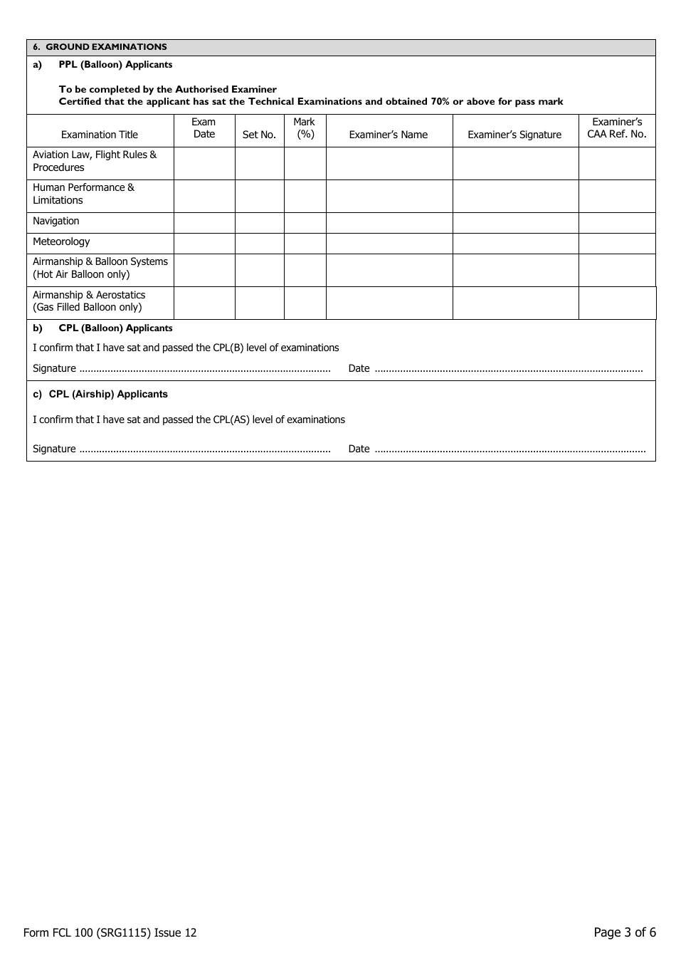 Form FCL100 (SRG1115) UK Private Pilots Licence or Commercial Pilots Licence Balloon / Airship Licence / Airship Rating / UK Flight Radiotelephony Operators Licence - Application - United Kingdom, Page 3
