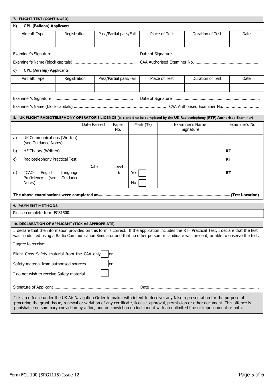 Form FCL100 (SRG1115) UK Private Pilots Licence or Commercial Pilots Licence Balloon / Airship Licence / Airship Rating / UK Flight Radiotelephony Operators Licence - Application - United Kingdom, Page 5