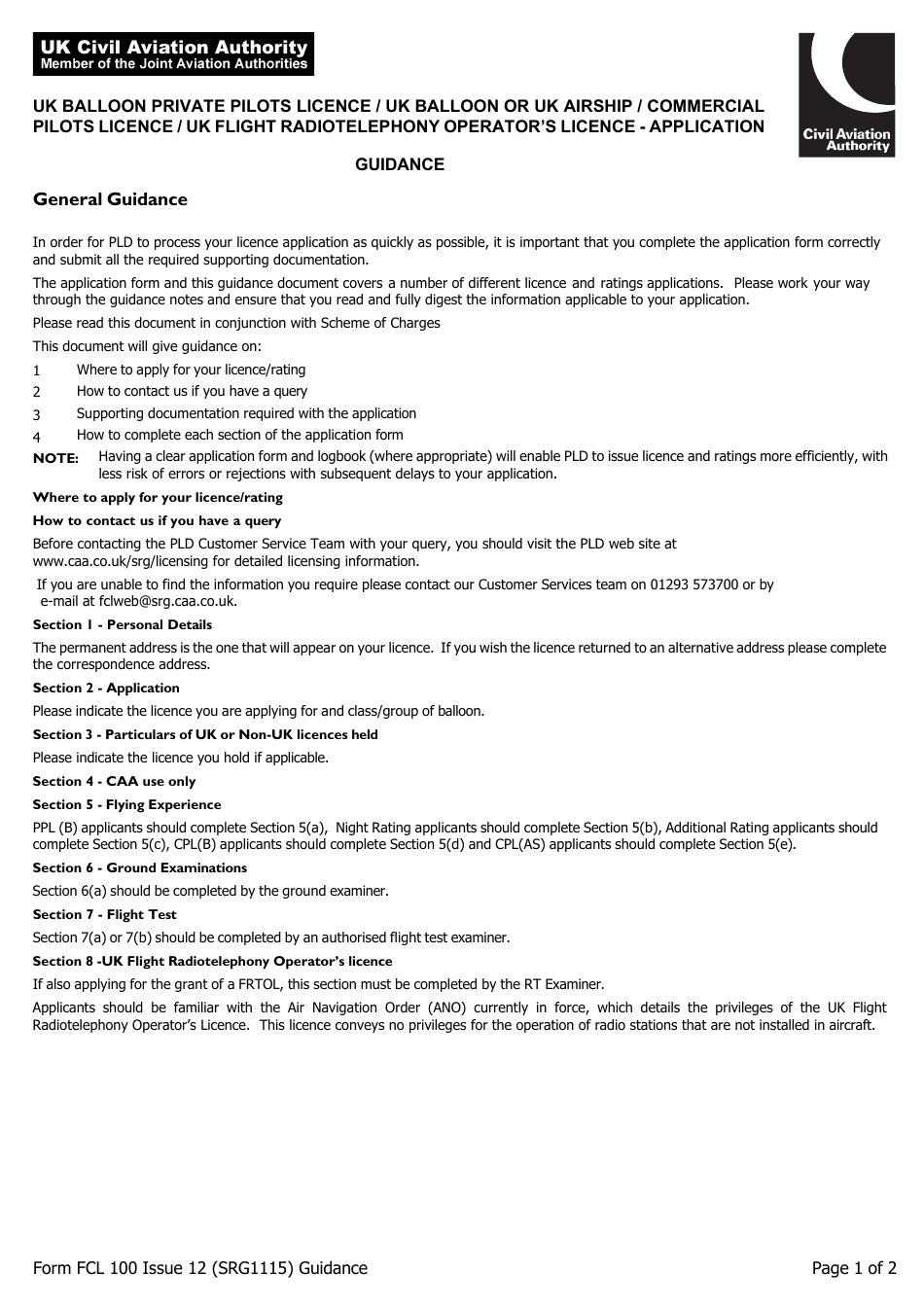 Form FCL100 (SRG1115) UK Private Pilots Licence or Commercial Pilots Licence Balloon / Airship Licence / Airship Rating / UK Flight Radiotelephony Operators Licence - Application - United Kingdom, Page 7