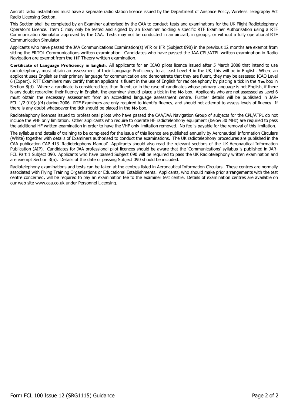Form FCL100 (SRG1115) UK Private Pilots Licence or Commercial Pilots Licence Balloon / Airship Licence / Airship Rating / UK Flight Radiotelephony Operators Licence - Application - United Kingdom, Page 8