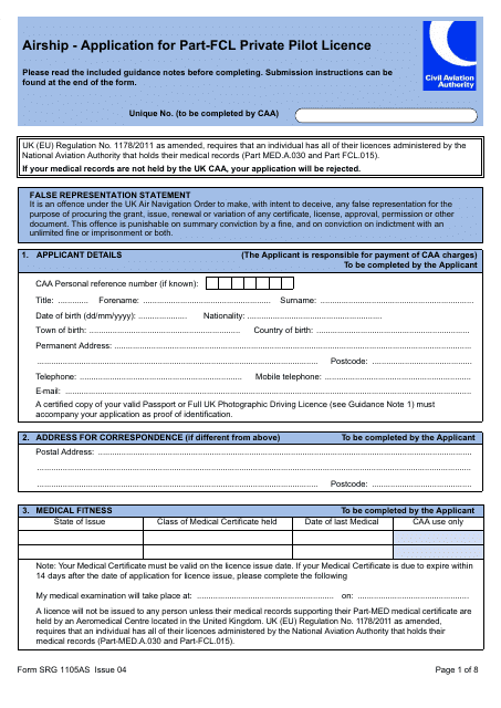 Form SRG1105AS Airship - Application for Part-Fcl Private Pilot Licence - United Kingdom