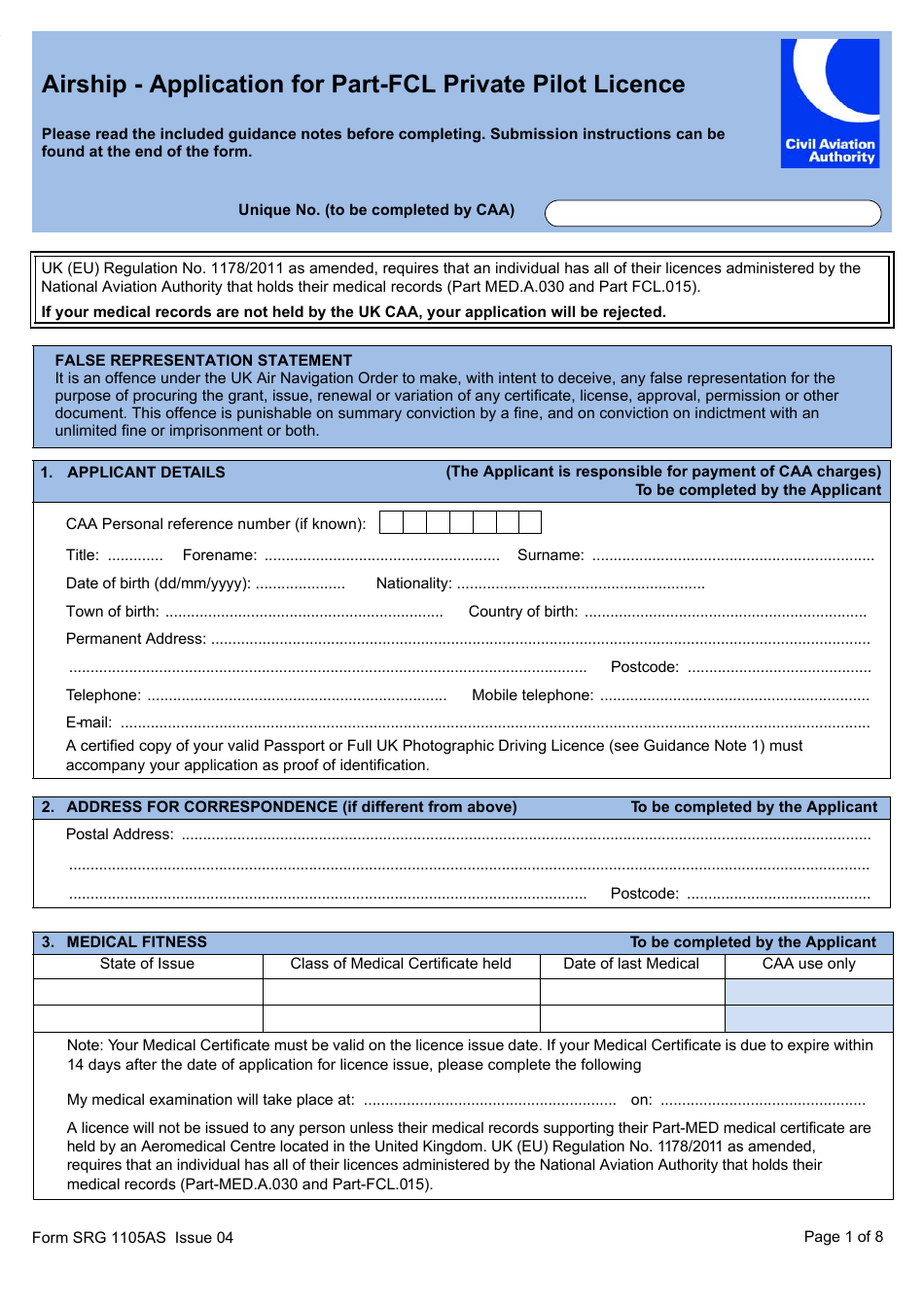 Form SRG1105AS Airship - Application for Part-Fcl Private Pilot Licence - United Kingdom, Page 1