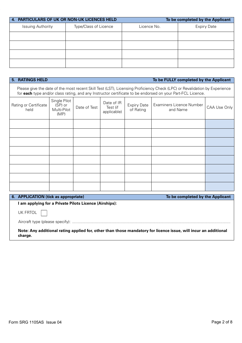 Form SRG1105AS Airship - Application for Part-Fcl Private Pilot Licence - United Kingdom, Page 2