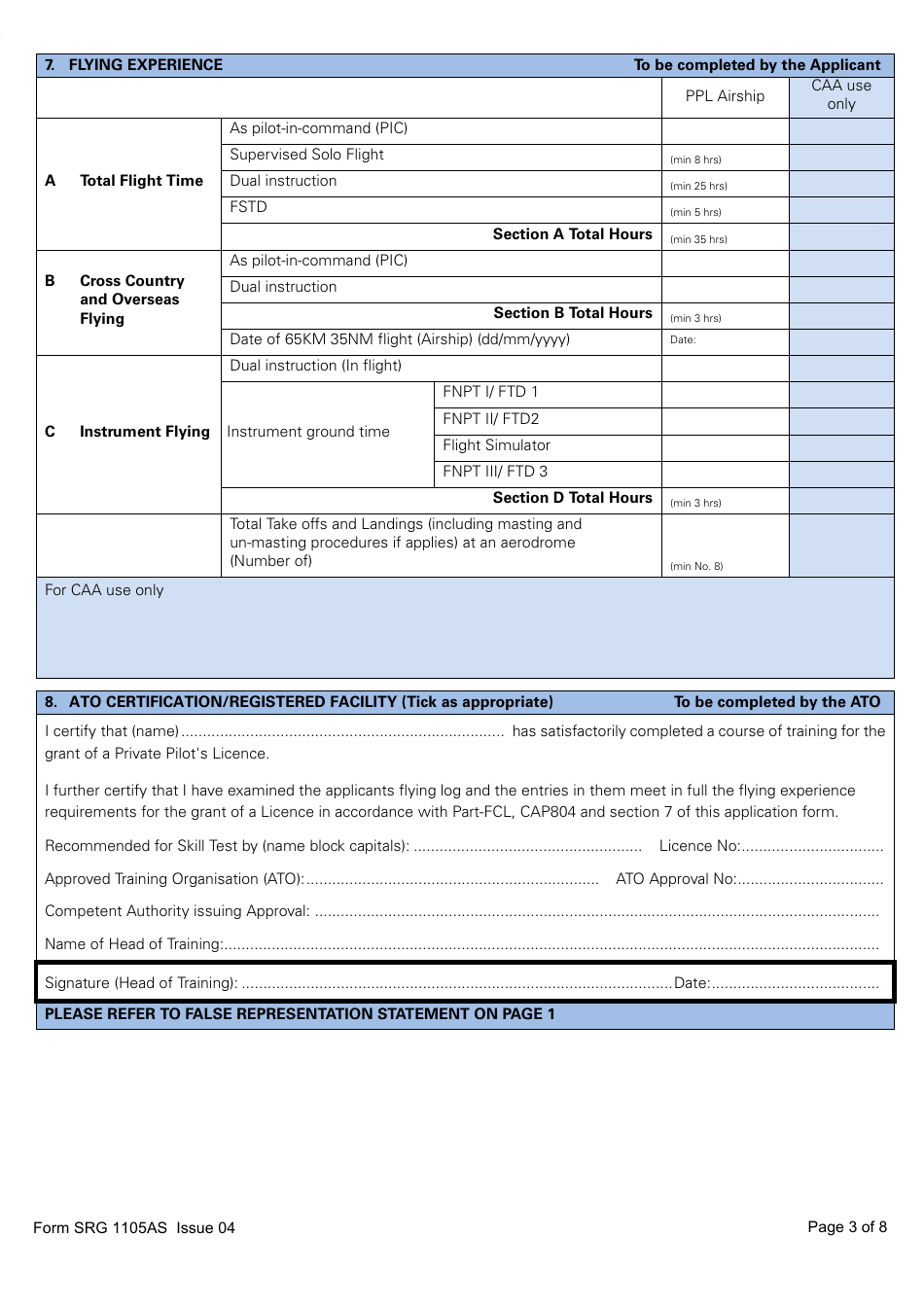 Form SRG1105AS Airship - Application for Part-Fcl Private Pilot Licence - United Kingdom, Page 3