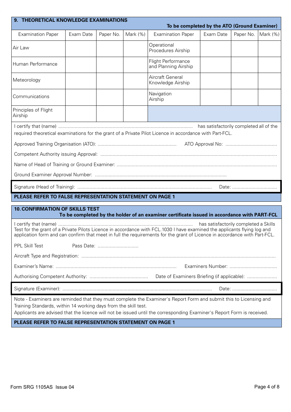 Form SRG1105AS Airship - Application for Part-Fcl Private Pilot Licence - United Kingdom, Page 4