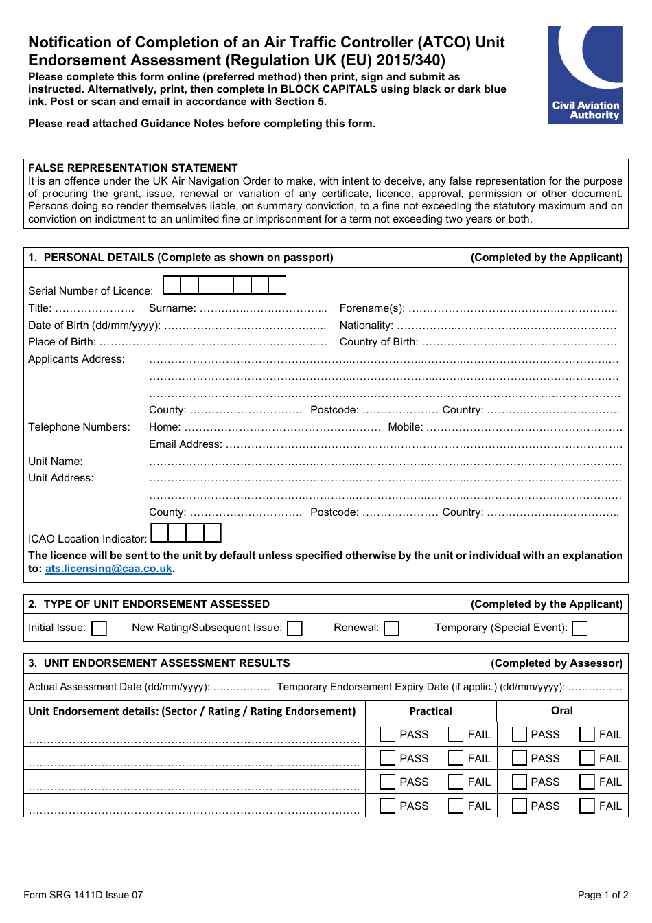 Form SRG1411D Notification of Completion of an Air Traffic Controller (Atco) Unit Endorsement Assessment (Regulation UK (Eu) 2015 / 340) - United Kingdom, Page 1