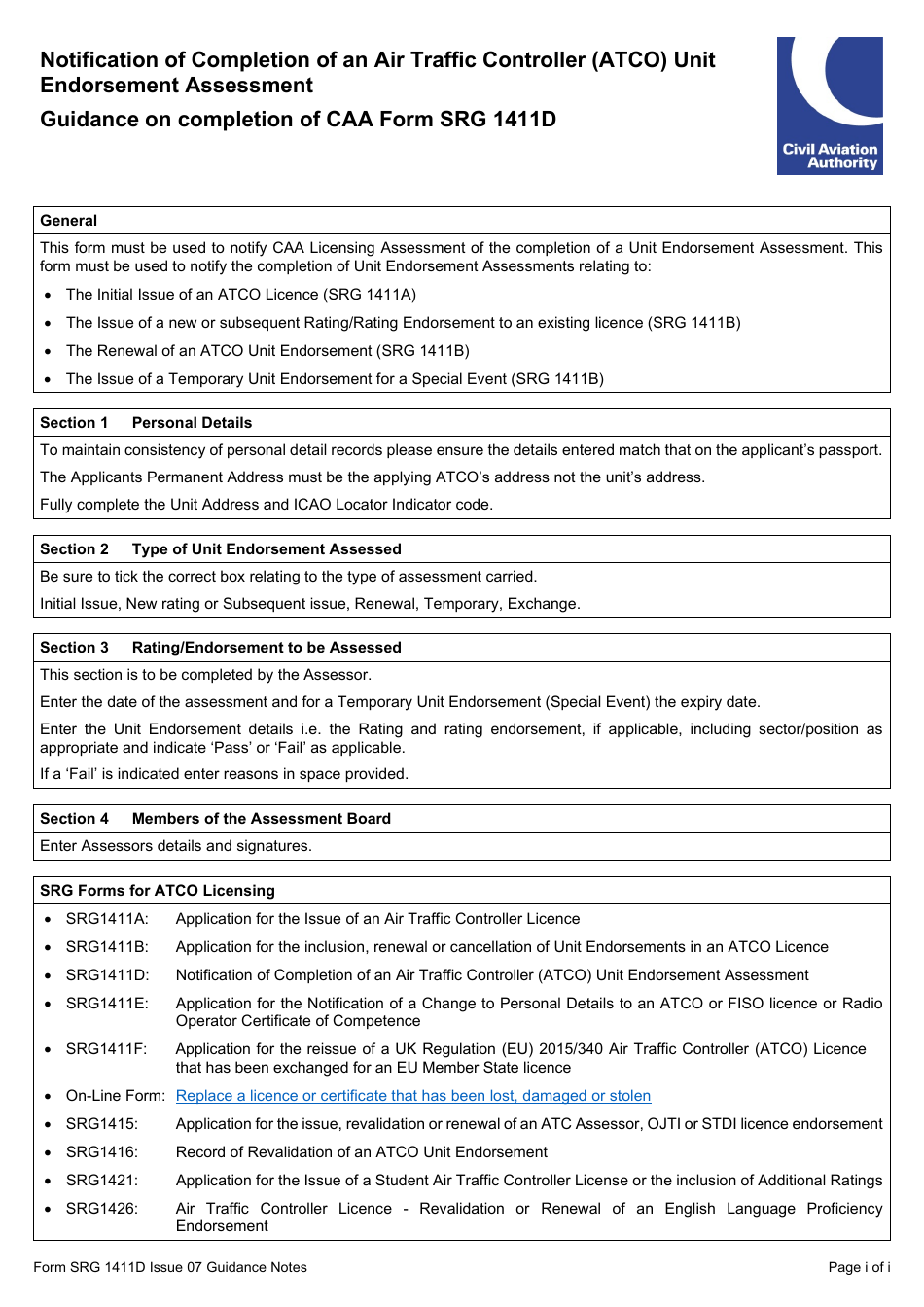 Form SRG1411D Notification of Completion of an Air Traffic Controller (Atco) Unit Endorsement Assessment (Regulation UK (Eu) 2015 / 340) - United Kingdom, Page 3