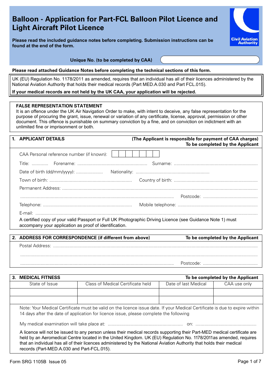 Form SRG1105B Balloon - Application for Part-Fcl Balloon Pilot Licence and Light Aircraft Pilot Licence - United Kingdom, Page 1