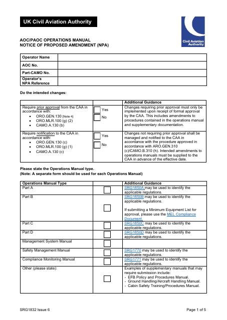Form SRG1832 Aoc/Paoc Operations Manual Notice of Proposed Amendment (Npa) - United Kingdom