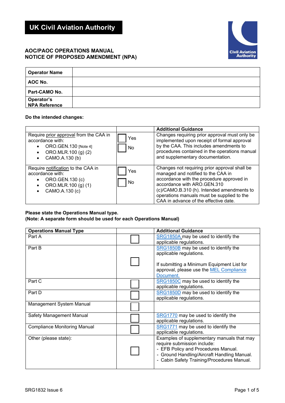 Form SRG1832 Aoc / Paoc Operations Manual Notice of Proposed Amendment (Npa) - United Kingdom, Page 1