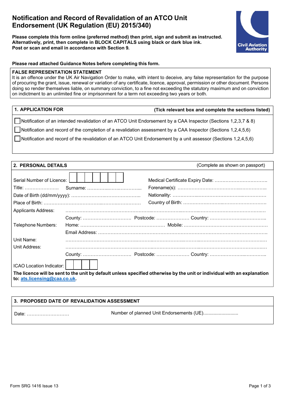 Form SRG1416 Notification and Record of Revalidation of an Atco Unit Endorsement (UK Regulation (Eu) 2015 / 340) - United Kingdom, Page 1
