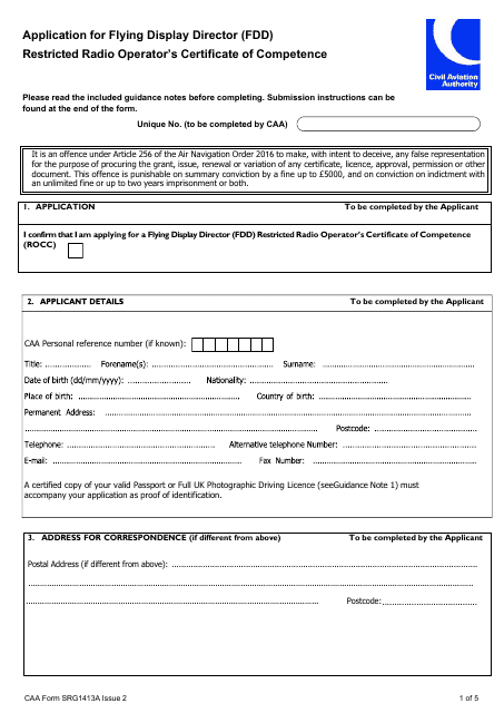 CAA Form SRG1413A Application for Flying Display Director (Fdd) Restricted Radio Operator's Certificate of Competence - United Kingdom