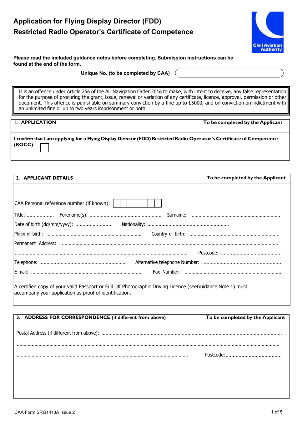 CAA Form SRG1413A Application for Flying Display Director (Fdd) Restricted Radio Operators Certificate of Competence - United Kingdom, Page 1