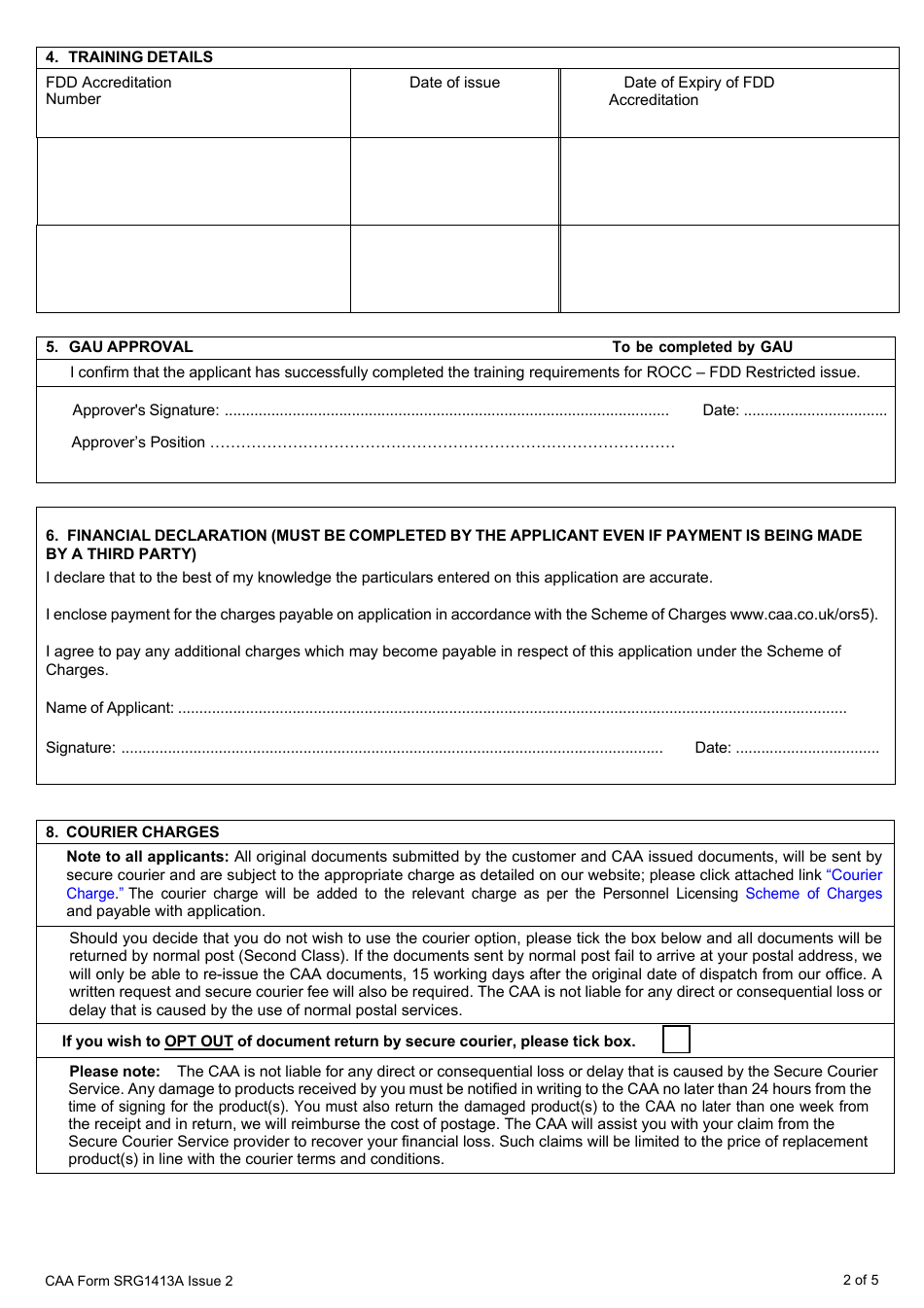 CAA Form SRG1413A Application for Flying Display Director (Fdd) Restricted Radio Operators Certificate of Competence - United Kingdom, Page 2