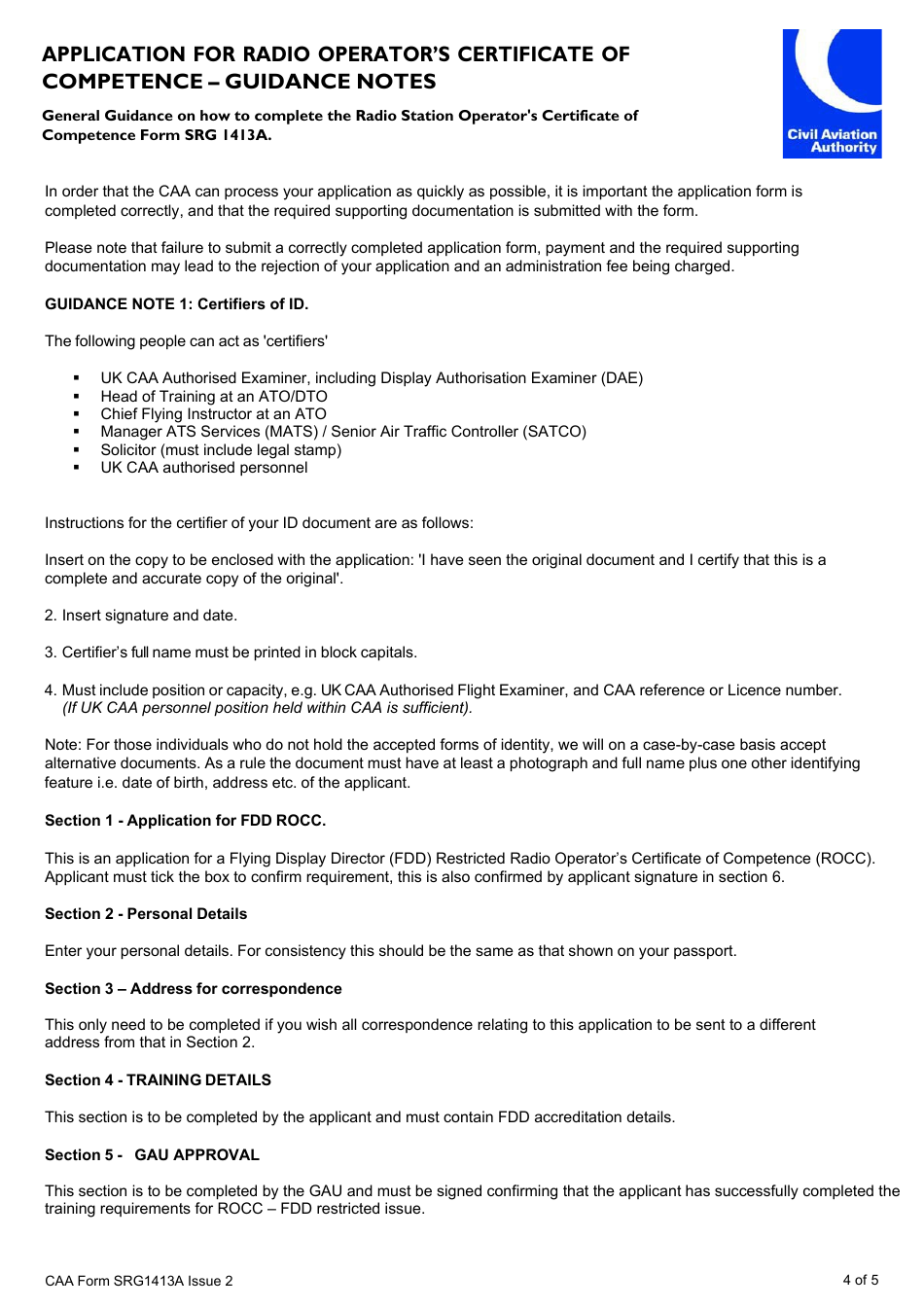 CAA Form SRG1413A Application for Flying Display Director (Fdd) Restricted Radio Operators Certificate of Competence - United Kingdom, Page 4