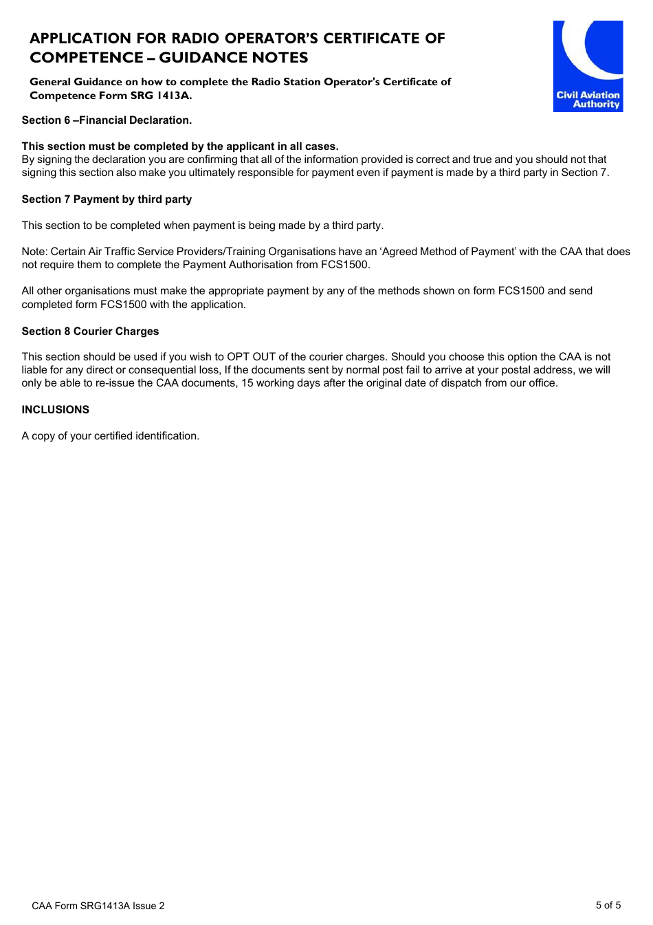 CAA Form SRG1413A Application for Flying Display Director (Fdd) Restricted Radio Operators Certificate of Competence - United Kingdom, Page 5