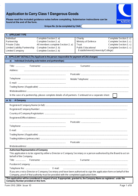 Form SRG2804 Application to Carry Class 1 Dangerous Goods - United Kingdom