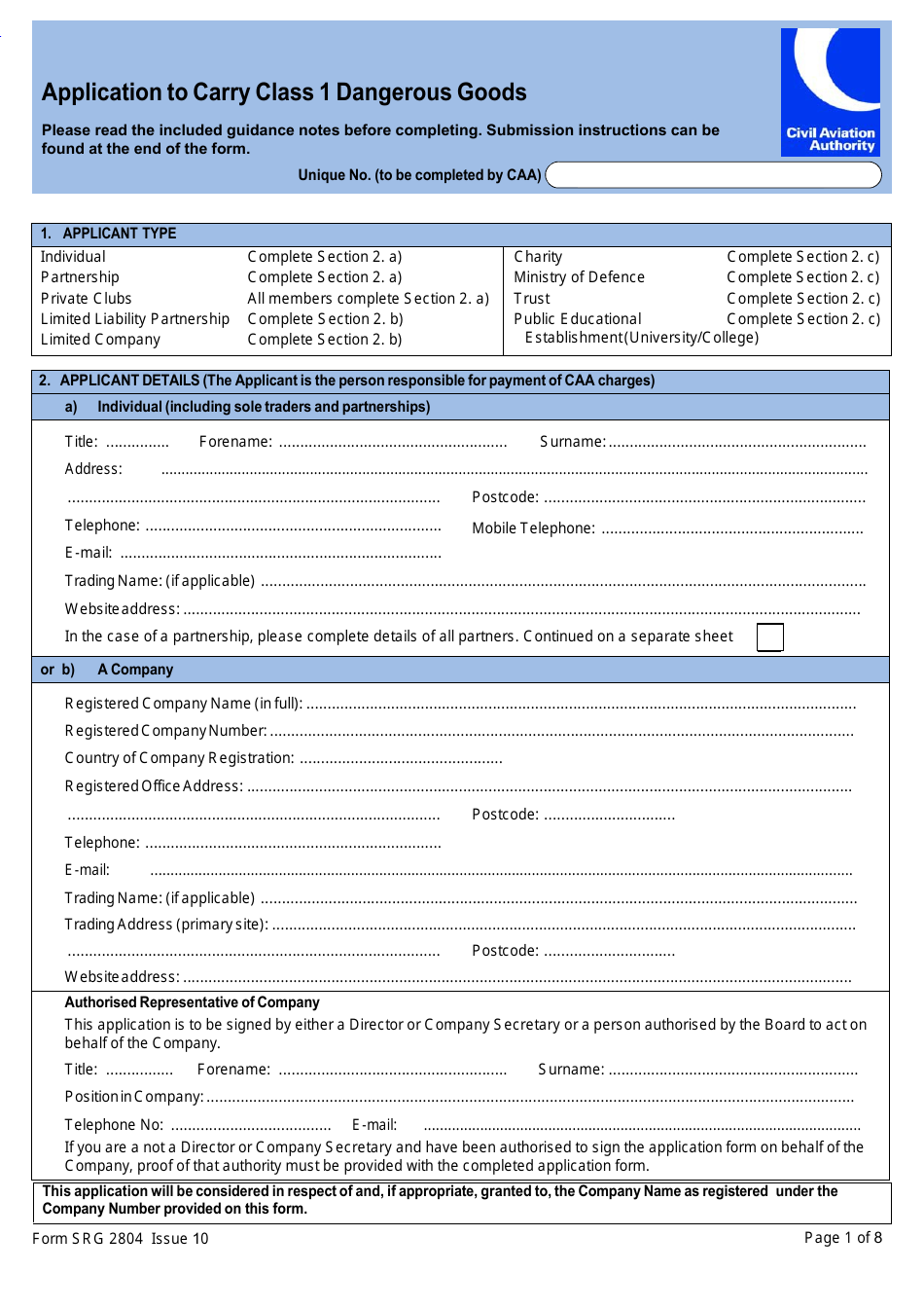 Form SRG2804 Application to Carry Class 1 Dangerous Goods - United Kingdom, Page 1