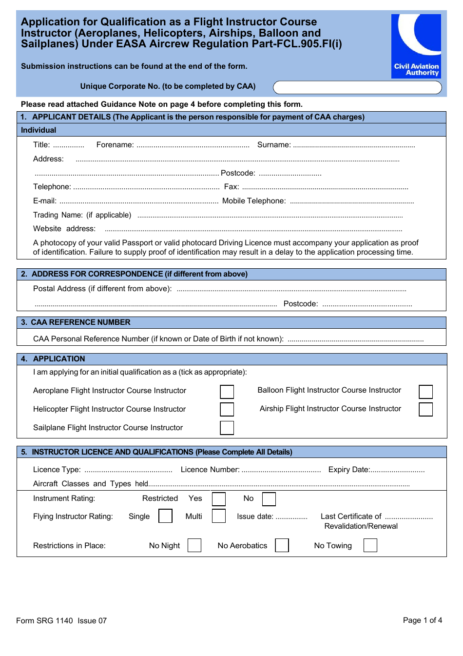 Form SRG1140 Application for Qualification as a Flight Instructor Course Instructor (Aeroplanes, Helicopters, Airships, Balloon and Sailplanes) Under Easa Aircrew Regulation Part-Fcl.905.fi(I) - United Kingdom, Page 1