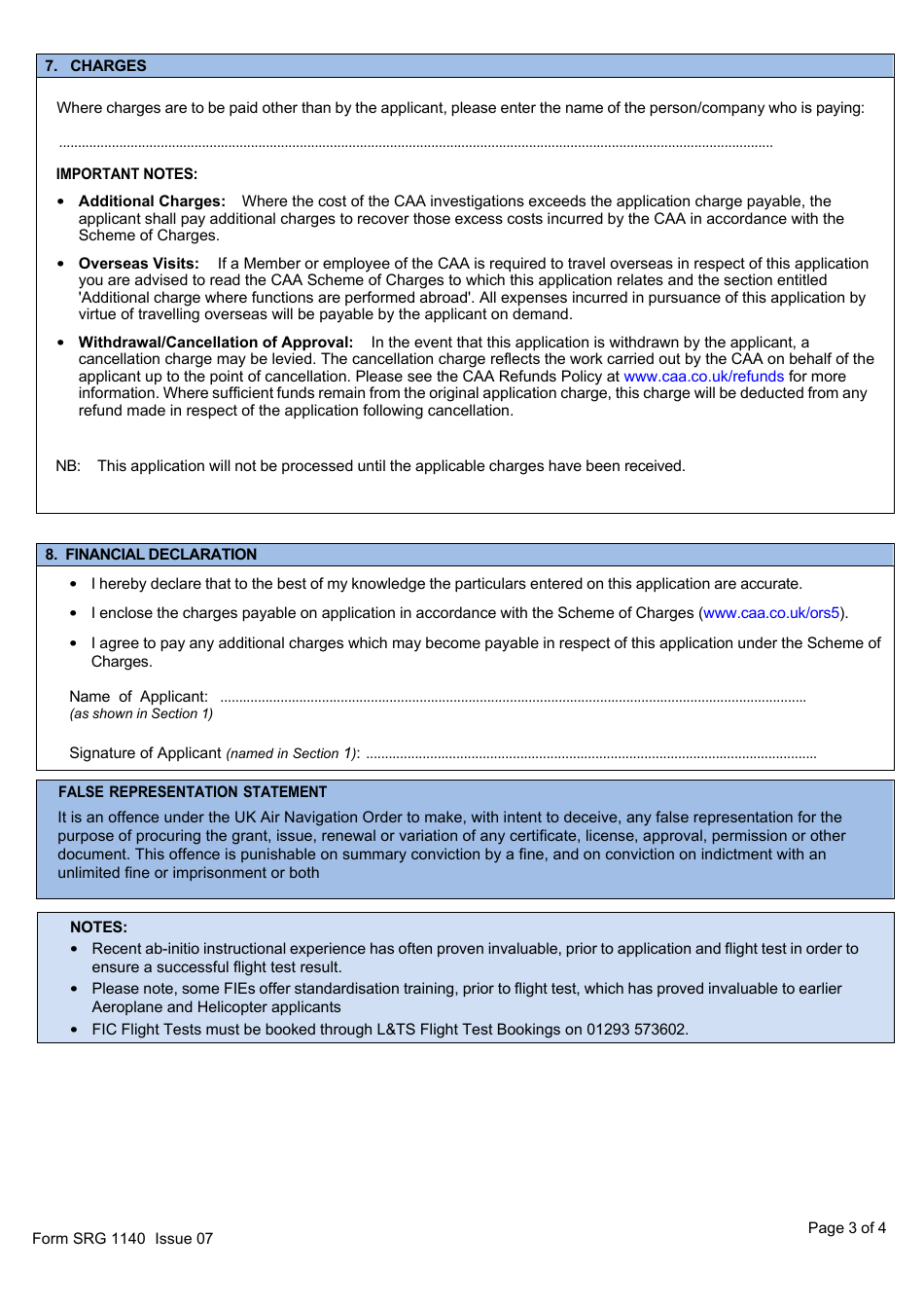 Form SRG1140 Application for Qualification as a Flight Instructor Course Instructor (Aeroplanes, Helicopters, Airships, Balloon and Sailplanes) Under Easa Aircrew Regulation Part-Fcl.905.fi(I) - United Kingdom, Page 3