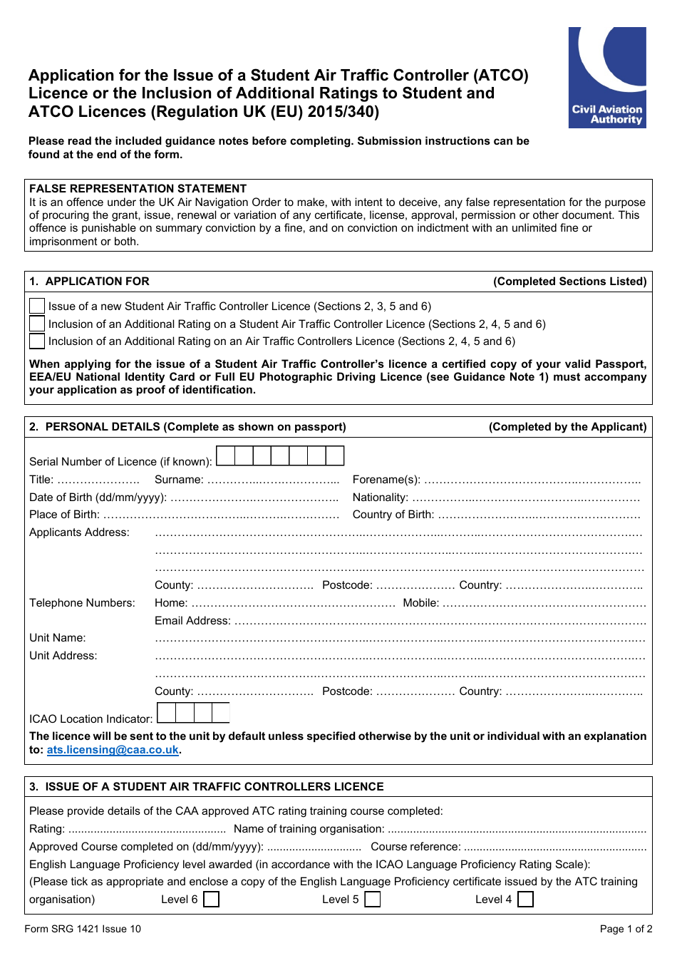 Form SRG1421 Application for the Issue of a Student Air Traffic Controller (Atco) Licence or the Inclusion of Additional Ratings to Student and Atco Licences (Regulation UK (Eu) 2015 / 340) - United Kingdom, Page 1