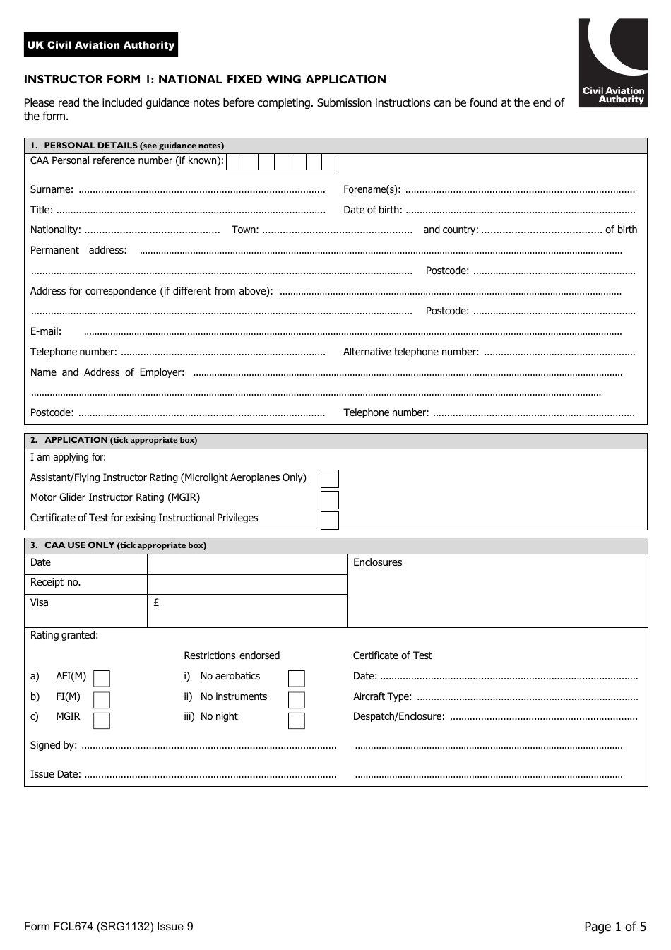 Instructor Form I (SRG1132; FCL674) National Fixed Wing Application - United Kingdom, Page 1