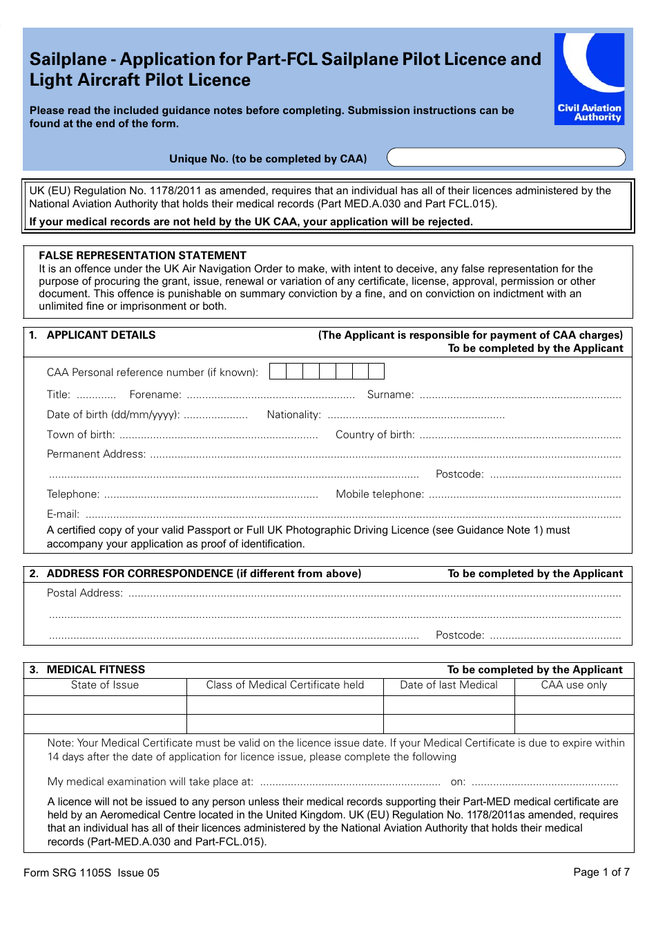 Form SRG1105S Sailplane - Application for Part-Fcl Sailplane Pilot Licence and Light Aircraft Pilot Licence - United Kingdom, Page 1