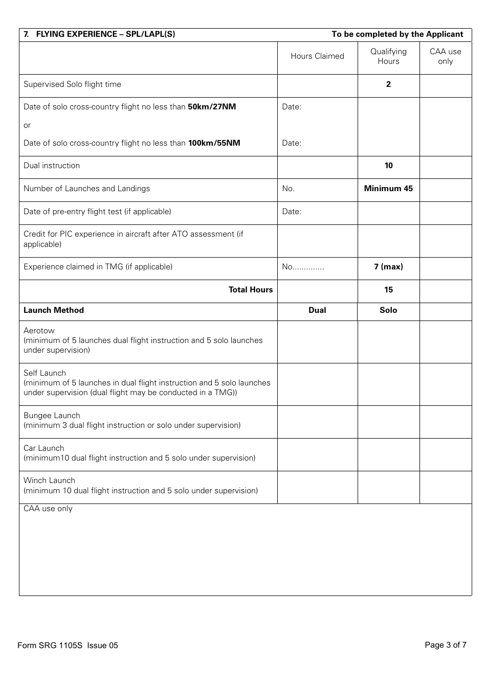 Form SRG1105S Sailplane - Application for Part-Fcl Sailplane Pilot Licence and Light Aircraft Pilot Licence - United Kingdom, Page 3