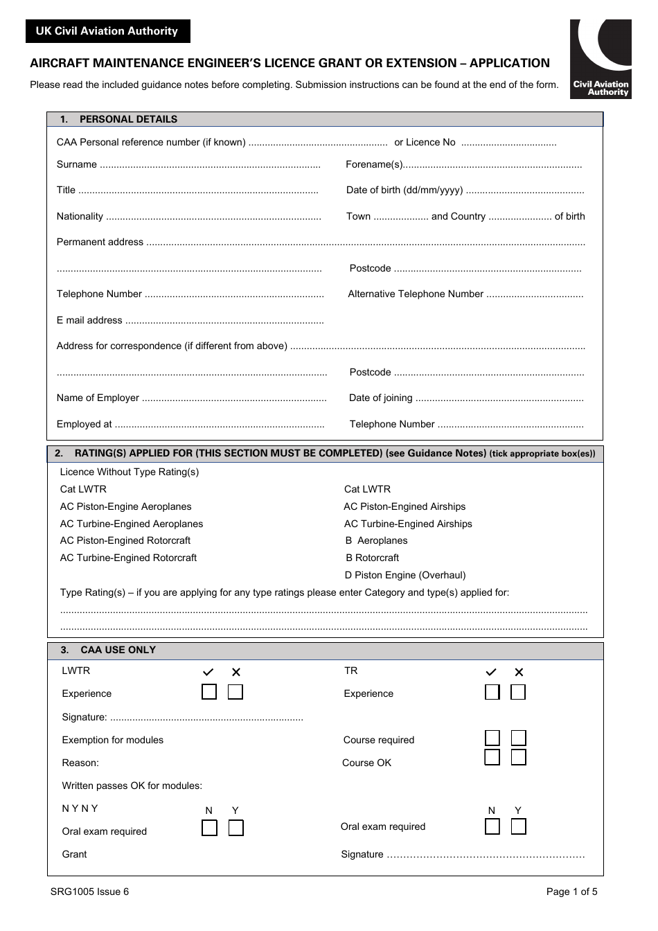 Form SRG1005 Aircr Aft Maintenance Engineers Licence Grant or Extension - Application - United Kingdom, Page 1