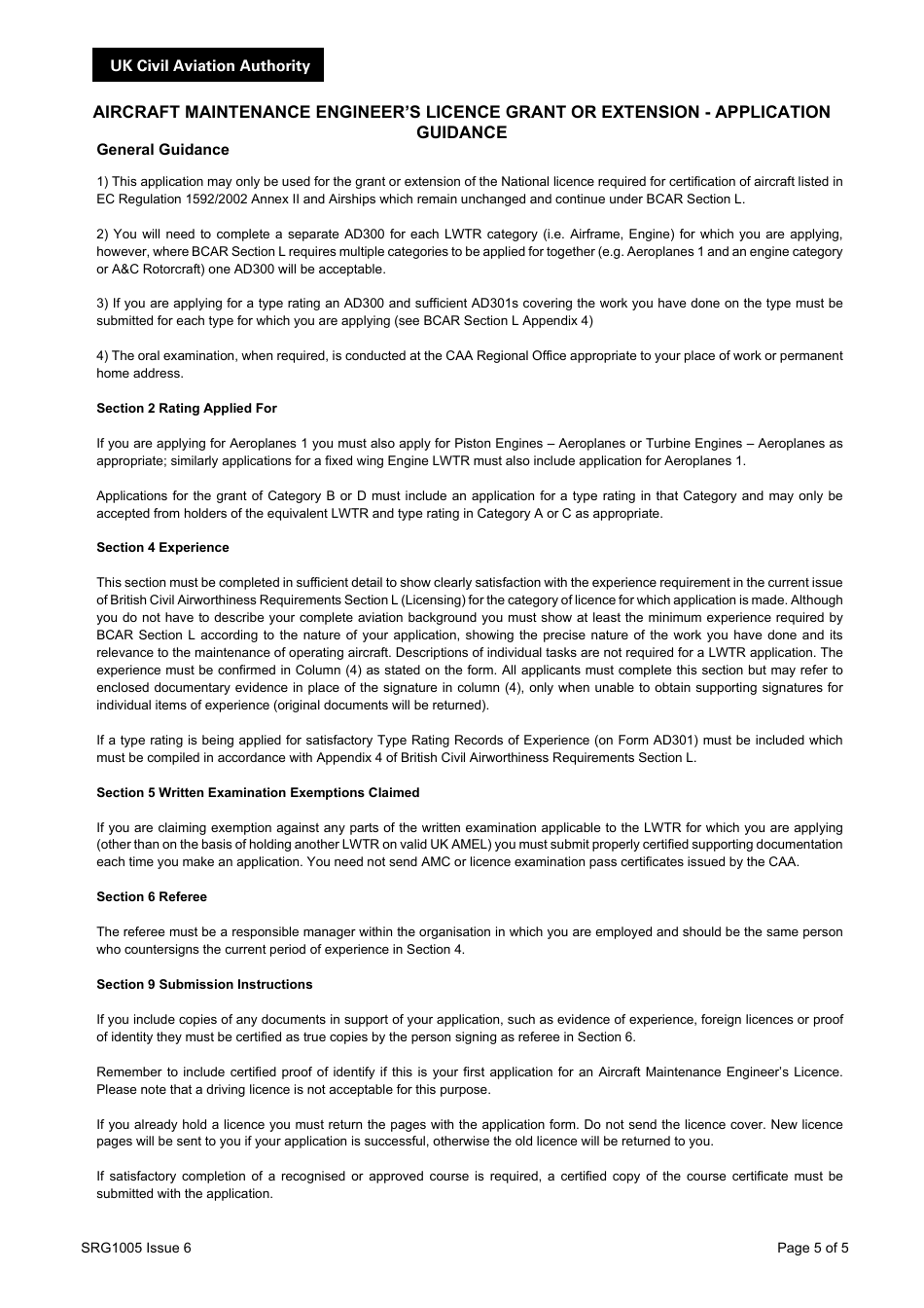 Form SRG1005 Aircr Aft Maintenance Engineers Licence Grant or Extension - Application - United Kingdom, Page 5