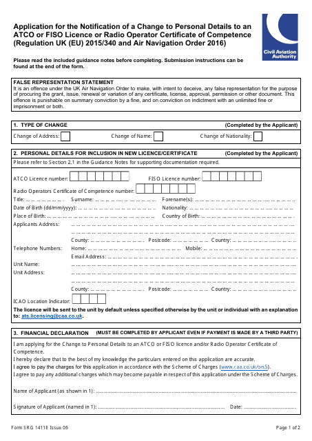 Form SRG1411E Application for the Notification of a Change to Personal Details to an Atco or Fiso Licence or Radio Operator Certificate of Competence (Regulation UK (Eu) 2015/340 and Air Navigation Order 2016) - United Kingdom