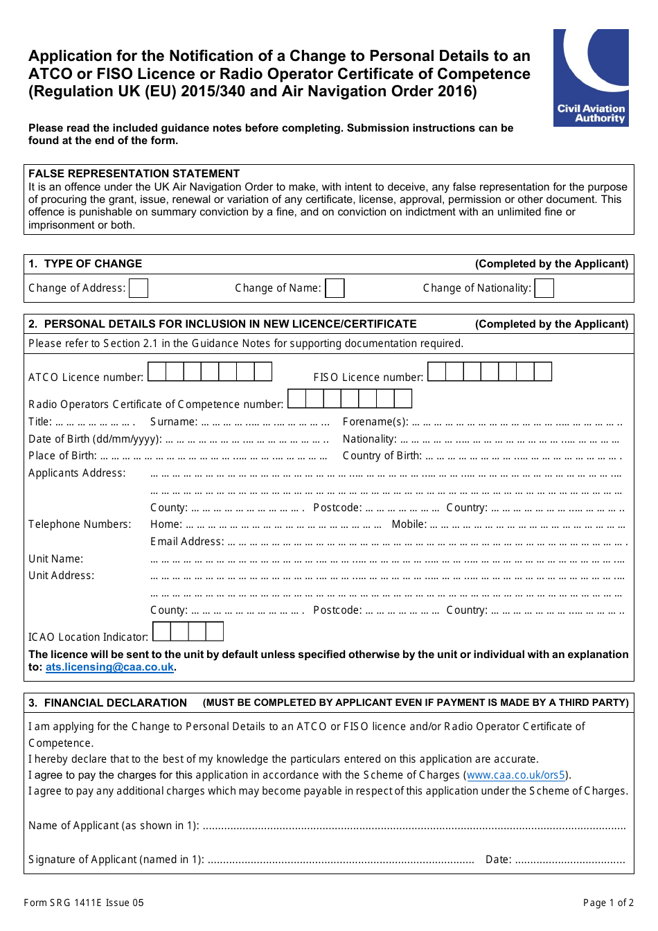 Form SRG1411E Application for the Notification of a Change to Personal Details to an Atco or Fiso Licence or Radio Operator Certificate of Competence (Regulation UK (Eu) 2015 / 340 and Air Navigation Order 2016) - United Kingdom, Page 1