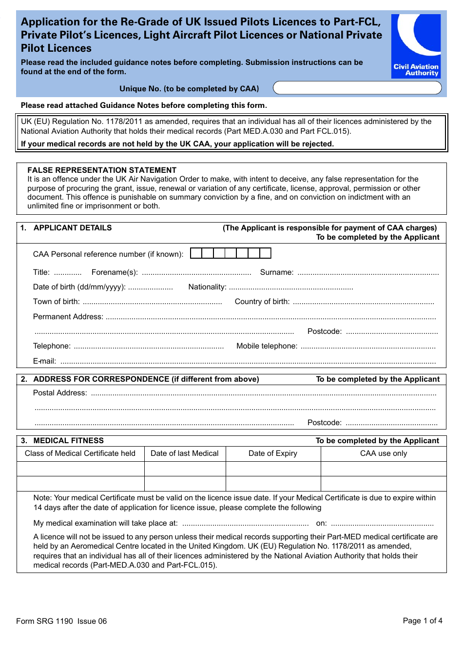 Form SRG1190 Application for the Re-grade of UK Issued Pilots Licences to Part-Fcl, Private Pilots Licences, Light Aircraft Pilot Licences or National Private Pilot Licences - United Kingdom, Page 1