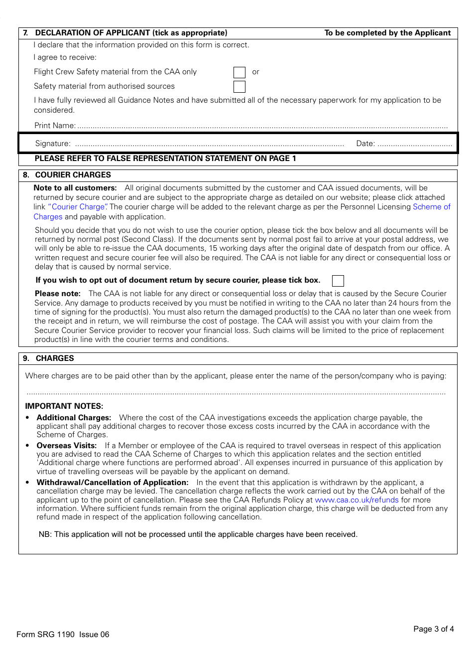 Form SRG1190 Application for the Re-grade of UK Issued Pilots Licences to Part-Fcl, Private Pilots Licences, Light Aircraft Pilot Licences or National Private Pilot Licences - United Kingdom, Page 3
