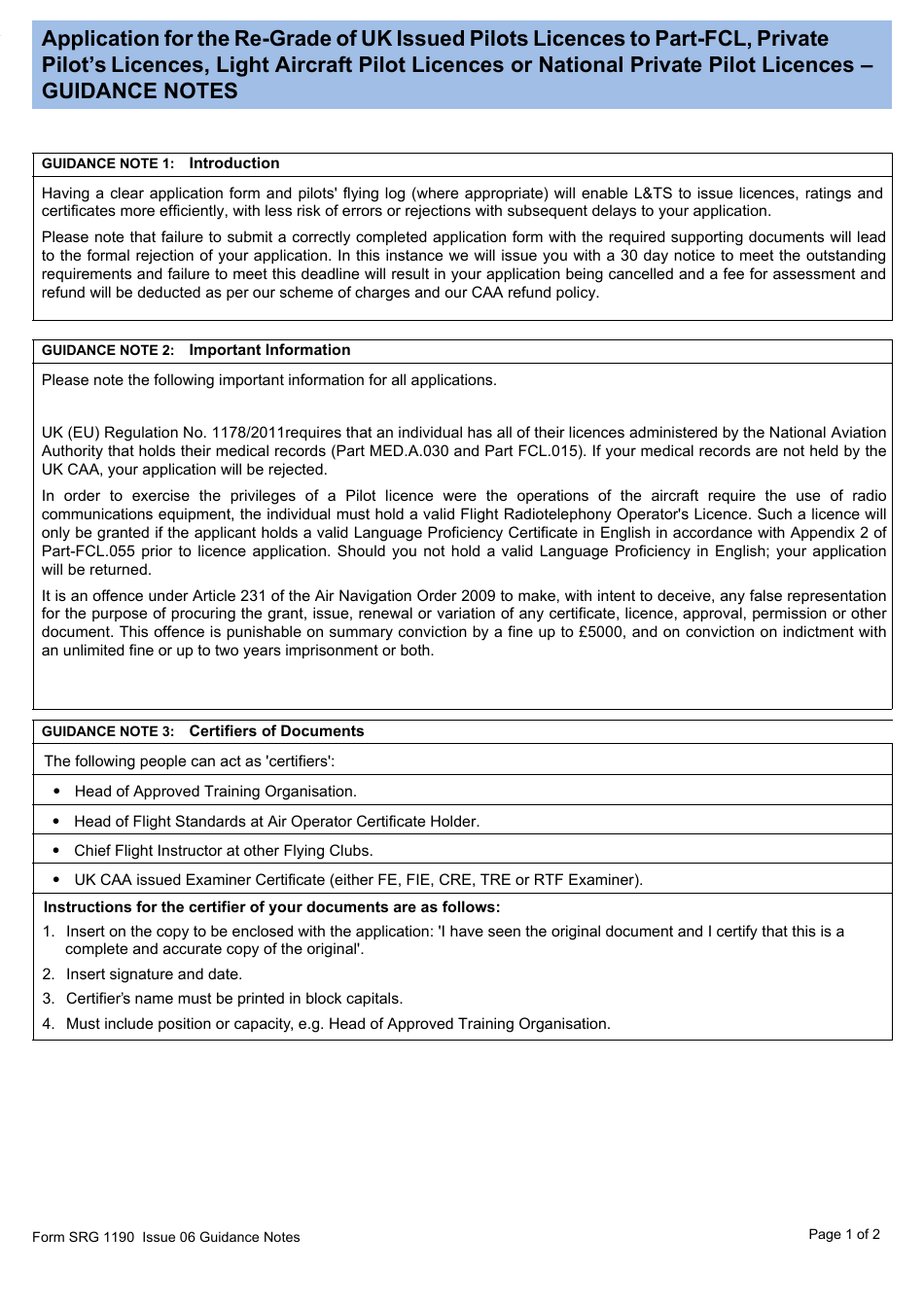 Form SRG1190 Application for the Re-grade of UK Issued Pilots Licences to Part-Fcl, Private Pilots Licences, Light Aircraft Pilot Licences or National Private Pilot Licences - United Kingdom, Page 5