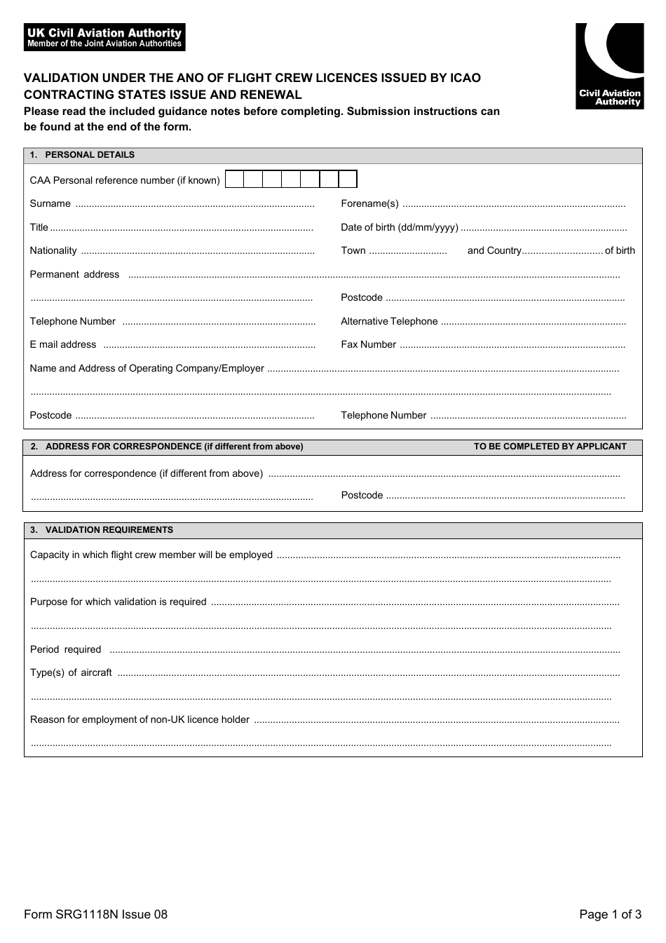 Form SRG1118N Validation Under the Ano of Flight Crew Licences Issued by Icao Contracting States Issue and Renewal - United Kingdom, Page 1