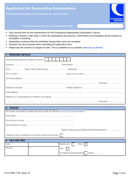 Form SRG1152 Application for Seamanship Examinations - United Kingdom